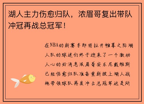 湖人主力伤愈归队，浓眉哥复出带队冲冠再战总冠军！